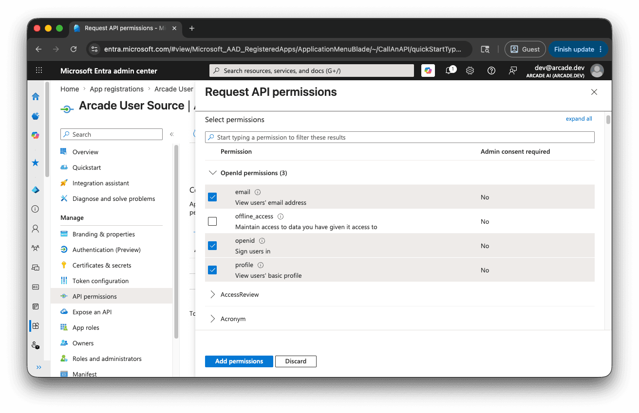Request API permissions panel with the openid, profile, and email OpenID permissions checked